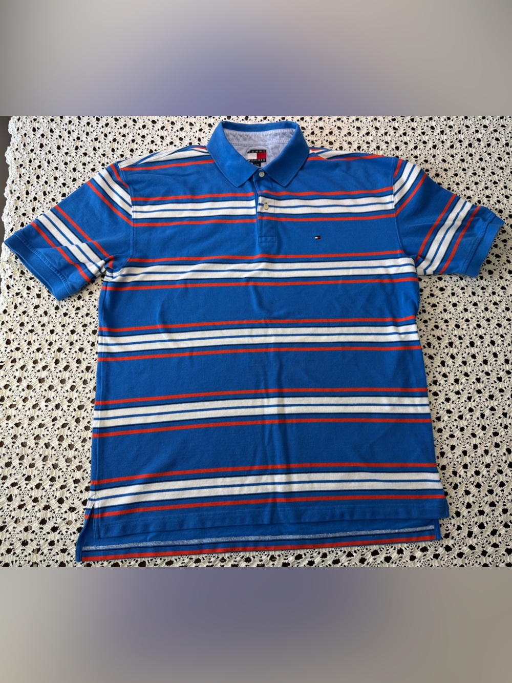 Tommy Hilfiger Striped Polo Shirt Blue Orange XL Extra Large 1990s Y2K Vintage